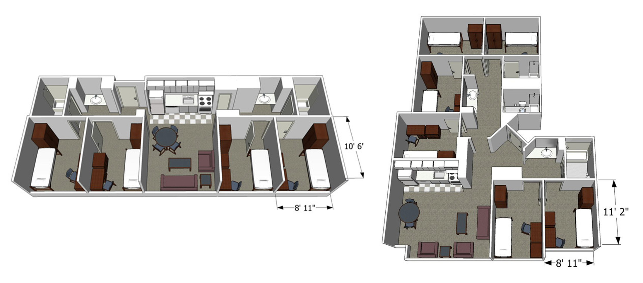 Layout of four- and six-bedroom apartments